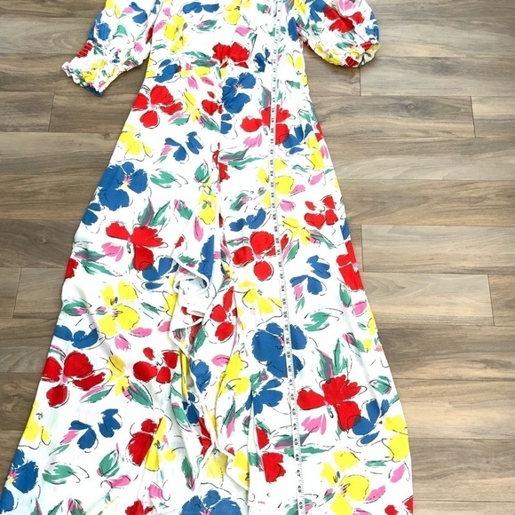 RIXO Floral Maxi Dress Mock Neck Cascade Ruffle Split - Picture 9 of 12